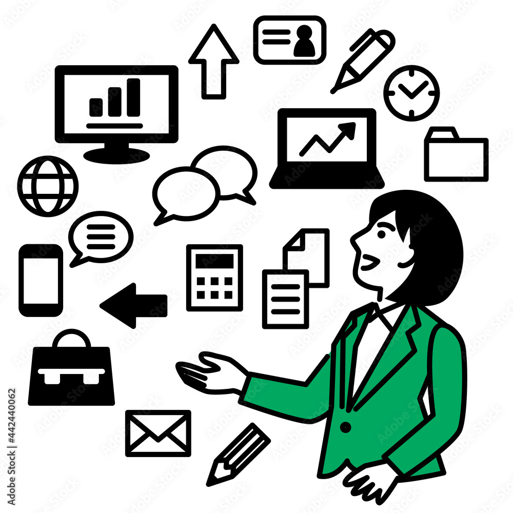 Business tools with businesswoman. Vector illustration. Business tools with businesswoman. Vector illustration.