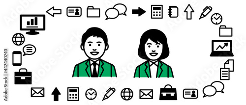 Business tools with businessman and businesswoman. Vector illustration.
