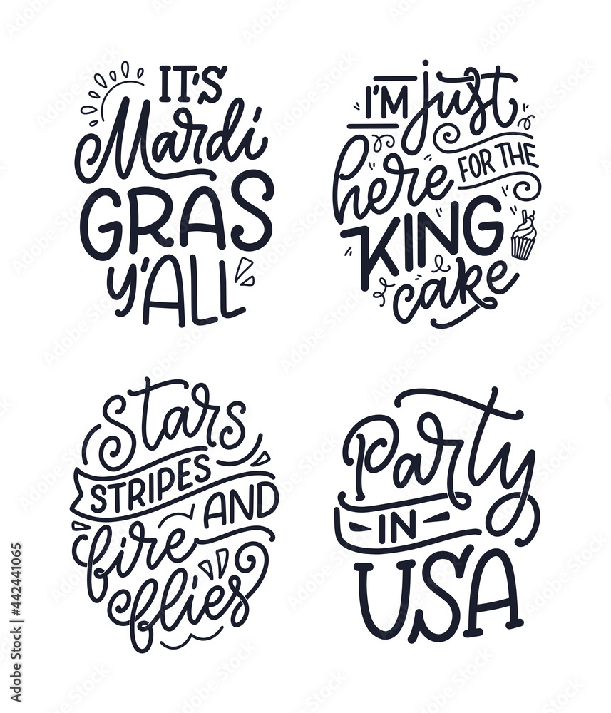 Set with funny hand drawn lettering quotes about Mardi Gras. Cool phrases for print and poster design. Inspirational slogans. Vector