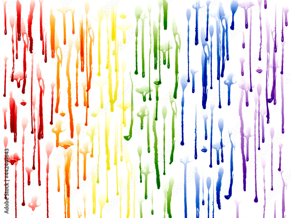Watercolor imitation hand drawn design. Bright rainbow color hand drawn textured background of drops on white. LGBT pride flag, International Day Against Homophobia, Pride Month symbol