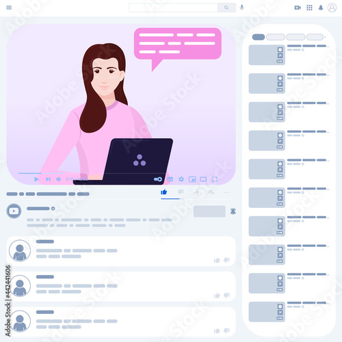 Vector design of video tutorial, Online video playback, communicator in Online course, video website interface with female influencer with her laptop