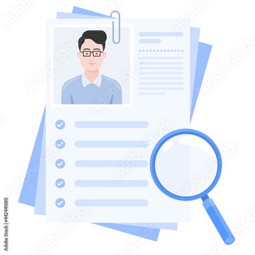 Vector design of curriculum vitae with photo of boy, resume for job search with magnifying glass