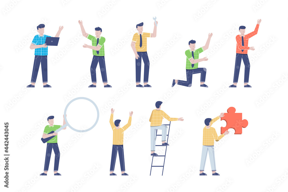 businessman or young man worker character presentation pose set with hand gesture in flat style isolated vector illustration businessman or young man worker character presentation pose set with hand gesture in flat style isolated vector illustration