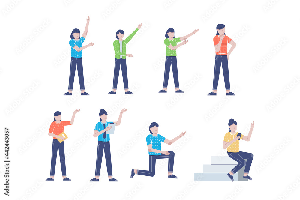 businesswoman or young woman worker character presentation pose set with hand gesture in flat style isolated vector illustration