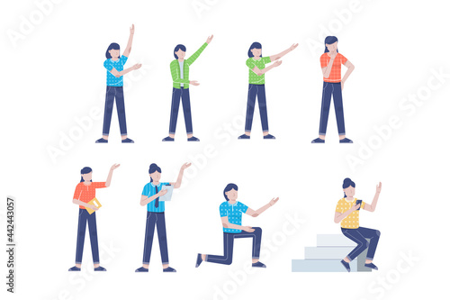 businesswoman or young woman worker character presentation pose set with hand gesture in flat style isolated vector illustration