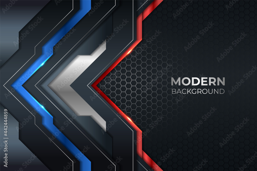 Abstract Modern Technology Glossy Metallic Blue and Red with Hexagon Dark Background Abstract Modern Technology Glossy Metallic Blue and Red with Hexagon Dark Background