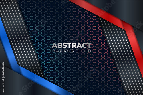 Abstract Modern Glossy Metallic Blue and Red with Hexagon Dark Background