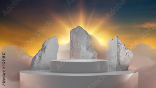 white 3d podium and minimal cloud scene with stone frame, product display background,3d rendered geometric shape sunrise sky or trendy empty podium display for cosmetic product presentation