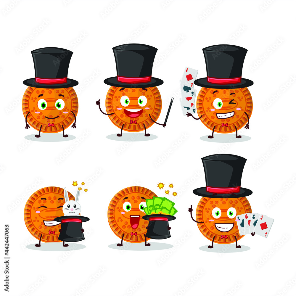 A orange biscuit Magician cartoon character perform on a stage. Vector illustration A orange biscuit Magician cartoon character perform on a stage. Vector illustration