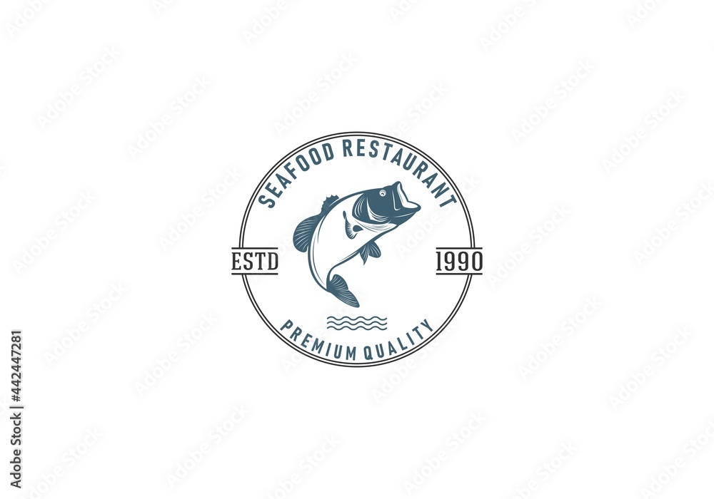 Seafood logo or regulatory signs vector illustration of fish market and restaurant emblem design template in white background