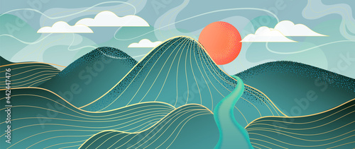 Mountain and sun golden line arts background vector. Oriental Luxury landscape background design with watercolor brush and gold line texture. Wallpaper design, Wall art for home decor and print