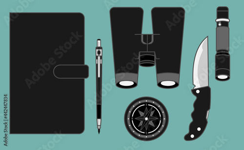 conjunto de elementos de aventura, exploración y dibujo