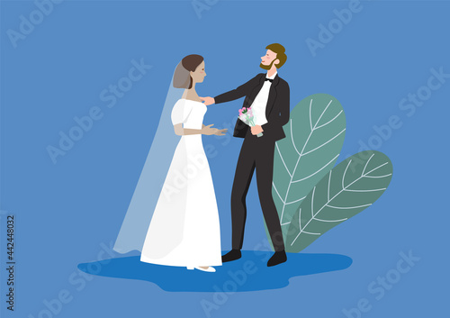 Vector of flat illustration, cartoon wedding, newlyweds, happy bride and groom.