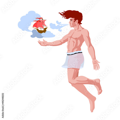 wind Zephyr, ancient Greek god in loincloth, blowing into the sails of a wooden boat, weather concept, color vector illustration isolated on white background in cartoon and flat design photo