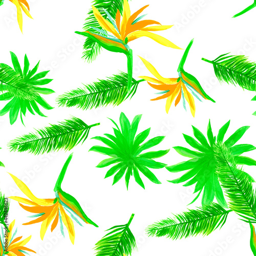 Green Pattern Vintage. White Seamless Vintage. Natural Tropical Design. Organic Isolated Palm. Drawing Foliage. Decoration Plant. Wallpaper Exotic. © Surendra
