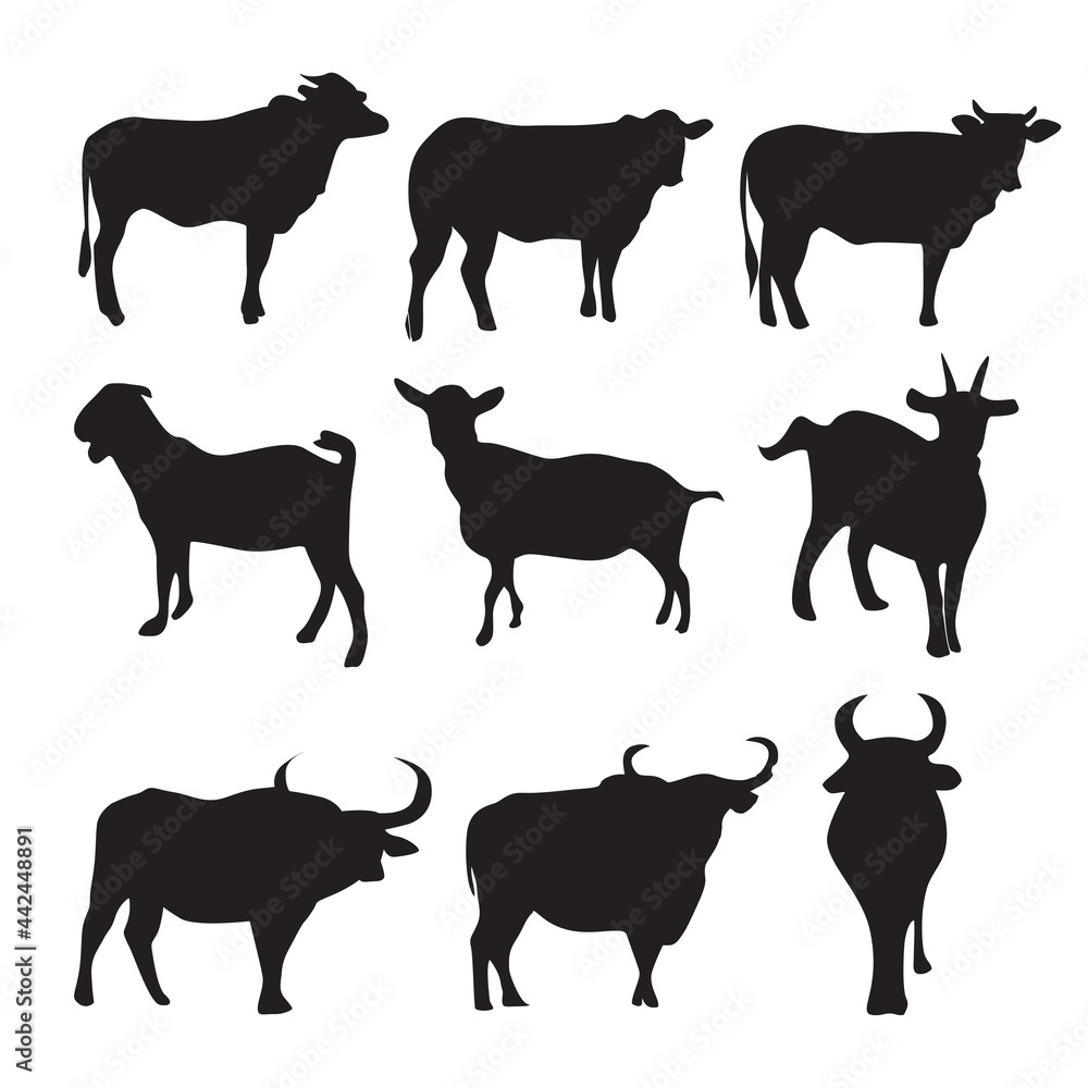 silhouettes of cows, goats, bulls, animal farmer 