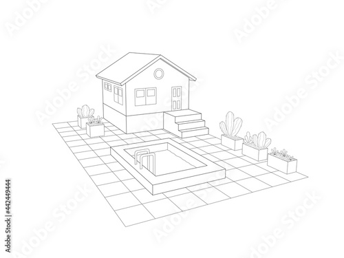 3d sketch of house with pool and large patio with cactus potted plants. black lines perspective view isolated on white