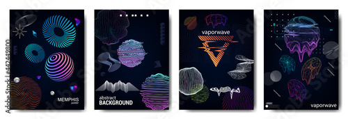 Universal retrofuturistic posters with 3D shapes and shapes. Geometric elements with glitch, liquid and defect effects. Vaporwave shapes glitch, vaporwave, memphis and cyberpunk style. Vector set