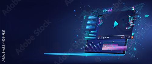 Video content on 3D laptop concept webinar, online promotion, conference, training, working online using a laptop, video marketing, creation of videos and editing. Blue banner promotion. Vector photo