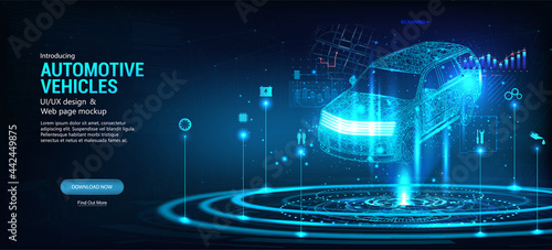 Hologram polygonal model auto. Concept smart auto AI in futuristic style with HUD and concept icons. Driverless car working modes, Smart automobile and electric machine. Automation functions. Vector