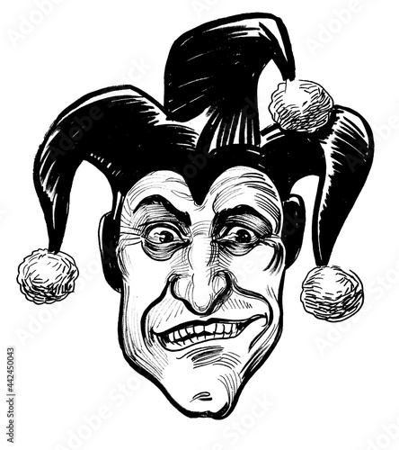 Obraz na płótnie Mad looking jester. Ink black and white drawing