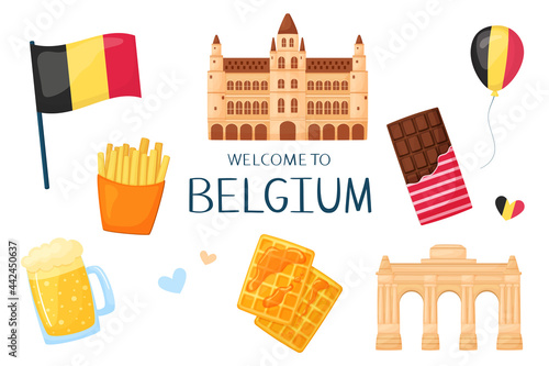 Cute set of vector illustrations on the theme of Belgium. Collection of national symbols in cartoon style. Clipart with traditional elements of architecture, cuisine. Isolirvan on a white background.
