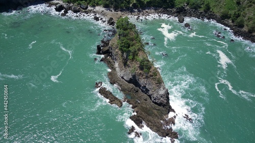 Aerial Shots of Karang Agung Beach (Pantai Karang Agung) located in Argopeni, Kebumen Regency, Central Java, Indonesia. 