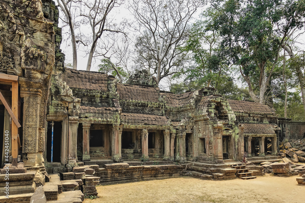 Ruins of a temple in the ancient city of Angkor. A dilapidated roof and galleries with columns. Bas-reliefs and carvings on weathered stones. Jungle trees against the sky. Cambodia