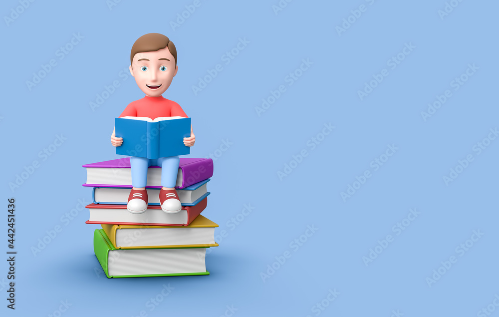 Young Kid Reading on a Stack of Books on Blue Background with Copy Space 3D Illustration Young Kid Reading on a Stack of Books on Blue Background with Copy Space 3D Illustration