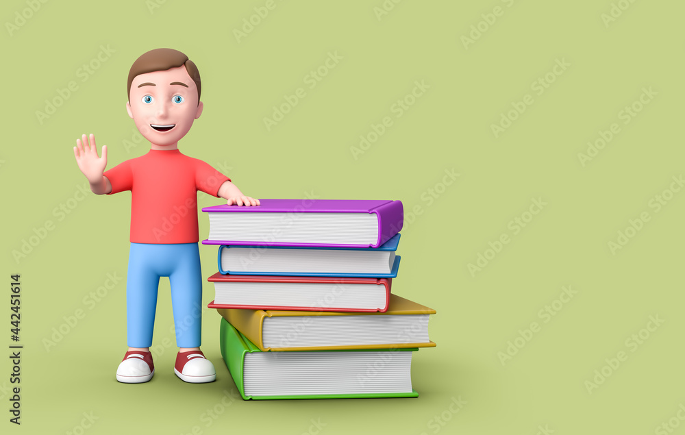 Young Student Leaning on a Stack of Books on Green Background with Copy Space 3D Illustration Young Student Leaning on a Stack of Books on Green Background with Copy Space 3D Illustration