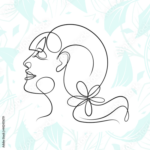 International Women's Day minimal design line drawing style. Portrait of young woman beauty face isolated on pastel leaf background. Vector for Spa, fashion, hairdressing and beautiful artwork design.