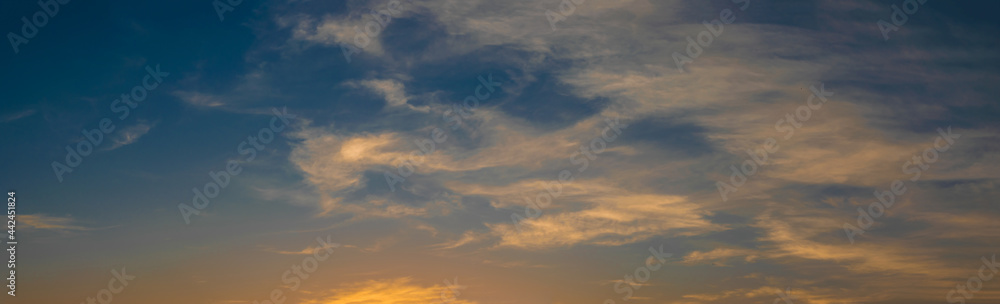 Dark Blue Sunset , red, orange, yellow color cloudy sky panorama background 