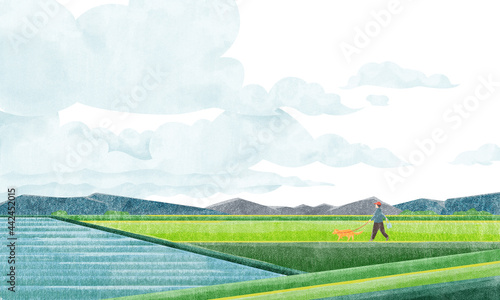 田園風景（犬の散歩）水彩風手書きイラスト