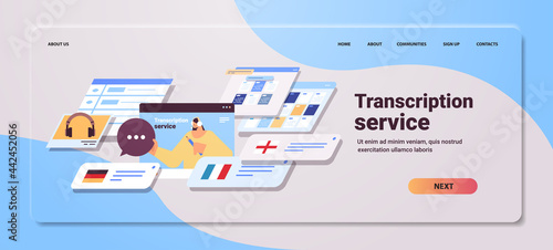 woman transcriptionist in headphones transcription service internet networking concept horizontal portrait