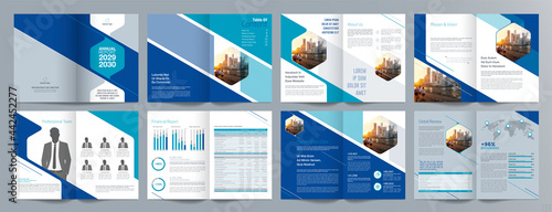 Corporate business presentation guide brochure template, Annual report, 16 page minimalist flat geometric business brochure design template, A4 size.