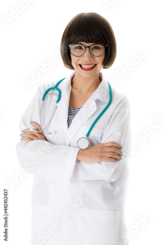Female doctor with stethoscope looking at camera
