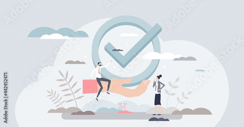 Quality standards certification with guarantee about control tiny person concept. Performance assurance about product or service trust or excellence vector illustration. Best reliability confirmation.