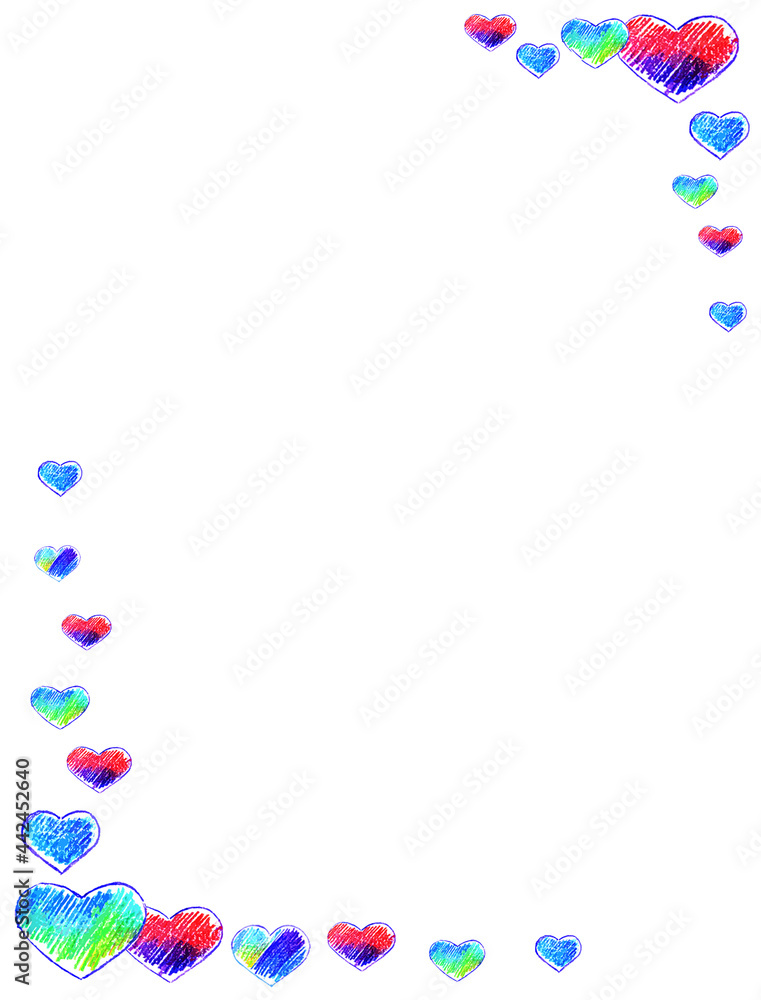 Vertical frame of multicolored hearts on a white background