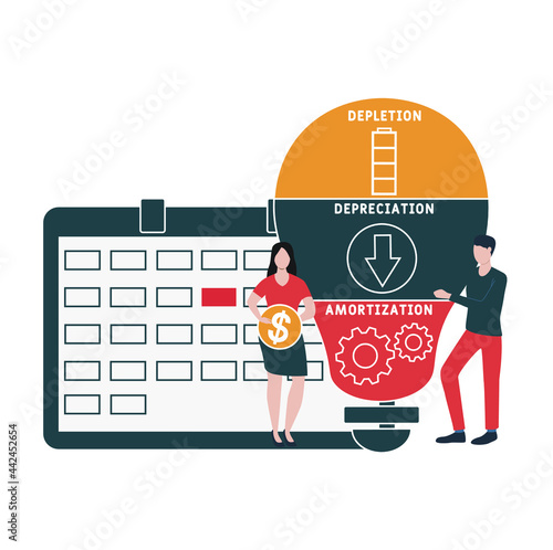 Flat design with people. DDA - Depletion Depreciation Amortization  acronym. business concept background. Vector illustration for website banner, marketing materials, business presentation, online adv