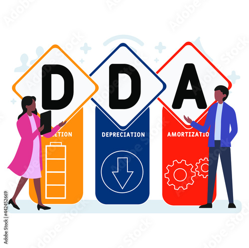 Flat design with people. DDA - Depletion Depreciation Amortization  acronym. business concept background. Vector illustration for website banner, marketing materials, business presentation, online adv
