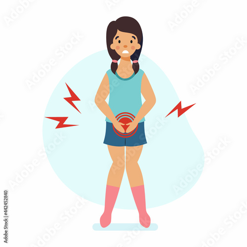 Sad girl has cystitis. Pain in lower abdomen of child. Bladder disease.