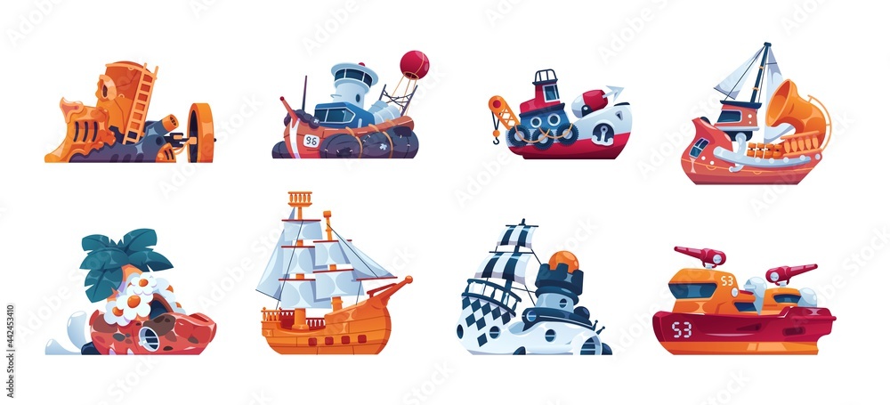 Cartoon ships. Fairy tale boats. Marine vessels. Isolated cruise yacht and warship. Fantastic sea transport collection. Fishing trawlers or sailing brigantine. Vector ocean vehicle set