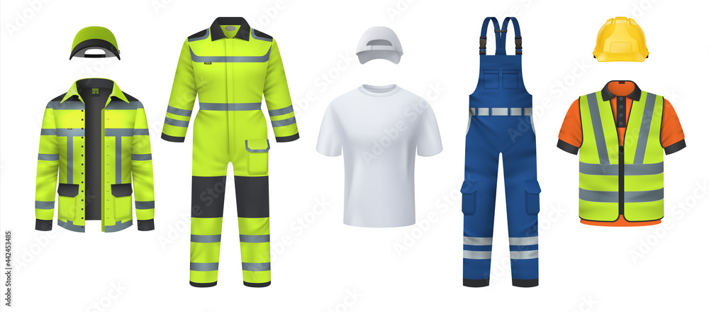 Professional uniform. Realistic work wear with helmet and reflective protective stripes. Isolated coveralls and headgears, t-shirt or vest. Garment for repairman. Vector clothes set - obrazy, fototapety, plakaty 