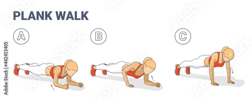 Girl Doing Woman Doing Plank Walk Up Exercise Fitness Home Workout Guidance Illustration.