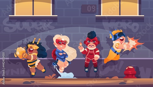 Superhero kids team. Cartoon background with children cosplaying comics heroes in funny costumes and masks. Boys and girls flying and fighting against evil. Vector brave teenagers set