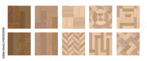 Herringbone floor. Realistic wooden laminate. Interior flooring from natural timber. Decorative hardwood covers with woodgrain. Luxury building oak materials. Vector parquet templates set