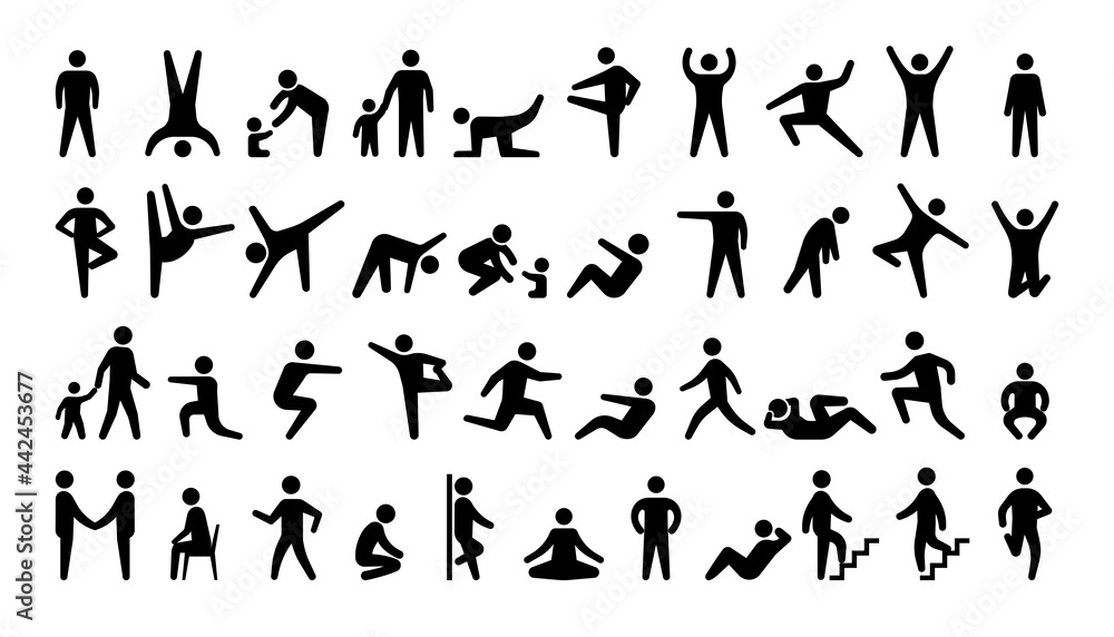 People black icons. Stickman persons. Human actions. Men and women in various poses. Minimal pose silhouettes set. Male and female training. Mother walking with kid. Vector pictograms