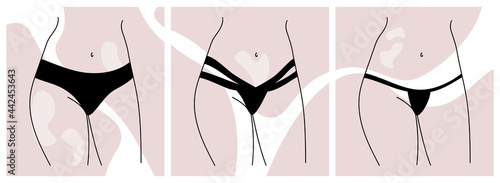 Abstract minimalistic female figure in panties, thongs. The contour of the silhouette of the legs, hips and waist of a woman in underwear. Set of images of the female body. Vector illustration. 