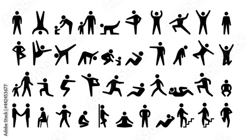 People black icons. Stickman persons. Human actions. Men and women in various poses. Minimal pose silhouettes set. Male and female training. Mother walking with kid. Vector pictograms photo
