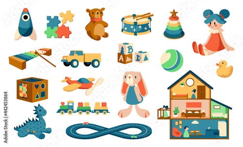Cartoon toys. Babies objects for playing games. Kids educational jigsaw and puzzles. Plush animals or cute dollhouse. Musical instruments for children. Vector colorful playthings set